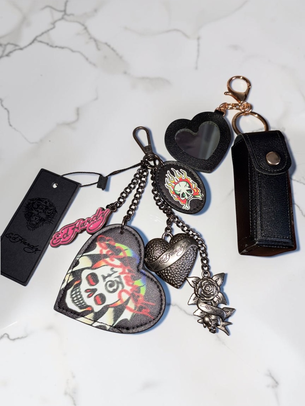 Ed Hardy Black Multi-Charm Heart Skull Key & Lipstick Holder